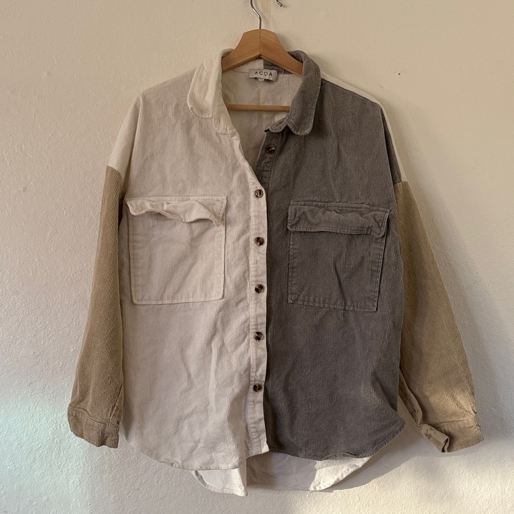 ACOA Multi-Tone Corduroy Shirt Jacket in Gray, Tan and White Sz L